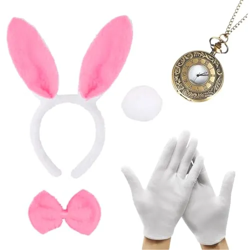 XNIVUIS 5 Stück Hasenkostüm Set für Erwachsene Kinder Hasen Kostümzubehör Hasenohren Stirnband Fliege Handschuhe Hasenschwanz Uhr für Welttag des Buches Karneval Halloween Kostümparty(Rosa)