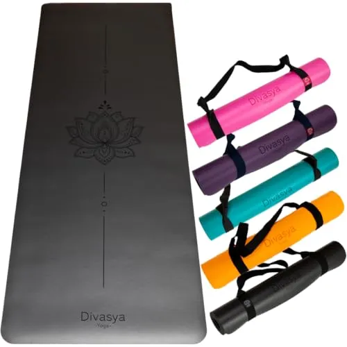 DIVASYA Premium Yogamatte rutschfest: Naturkautschuk rutschfest & japanische professional grip Oberfläche | 185x68x0,45cm | Tragegurt | 4,5mm dicke Yoga Matte rutschfest