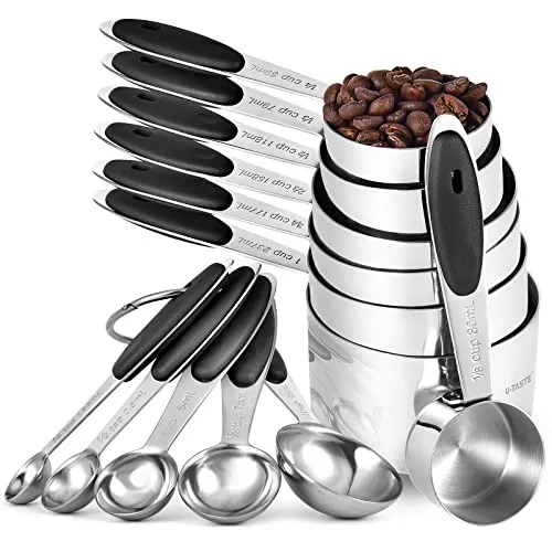 U-Taste Messbecher und Messlöffel Set, 18/8 Edelstahl, 12 Stück, Schwarz
