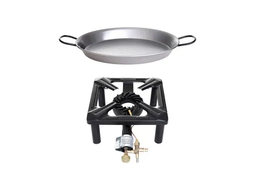 PAELLA WORLD Camping-Gasgrill Hockerkocher-Set - Campingkocher für Paella, groß 40 x 40 x 14-18 cm, ideal für Outdoor-Fans und perfekt für gesellige Grillabende.