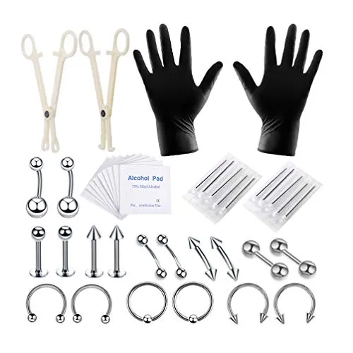Healifty Piercing Set Chirurgenstahl 42 Stück Ohrloch Stecher Set Bauchnabel Nase Augenbraue Körperpiercing Werkzeug 16X0.47 Zoll