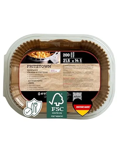 FRITZTOWN Air Fryer Paper | Antihaft Backpapier für Heißluftfritteusen, Mikrowelle & Backofen | Hitzebeständig & Fettdicht (200 Blatt, 21,5x14 cm Rechteckig)