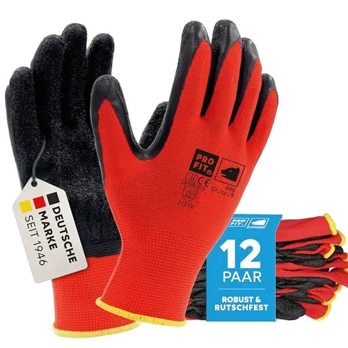 PRO FIT 595 Arbeitshandschuhe – Feinstrickhandschuhe mit Latexbeschichtung, Wasserabweisend, Atmungsaktiv, Rutschfest, Unisex - 12 Paar, Rot/Schwarz (9)