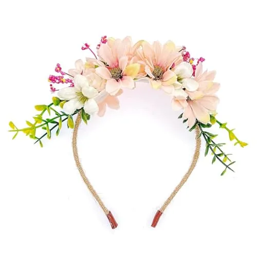 JZK Hochzeit Blumenstirnband für Blumenmädchen und Braut - Gänseblümchen Tiara für Mädchen und Frau - Haarband Blumengirlande Kopfschmuck, Weiß Beige