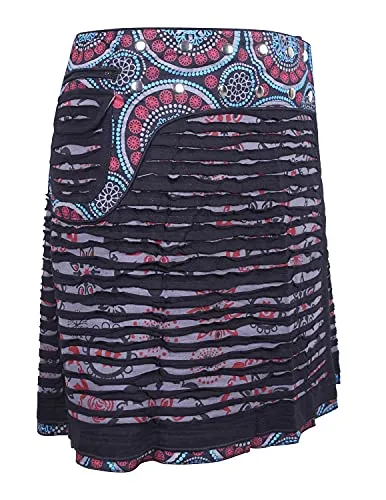 Vishes - Alternative Bekleidung - Wickelrock Rock zum Wickeln Druckknöpfe Cutwork Blumen Mandala Sidebag grau-schwarz 44-50