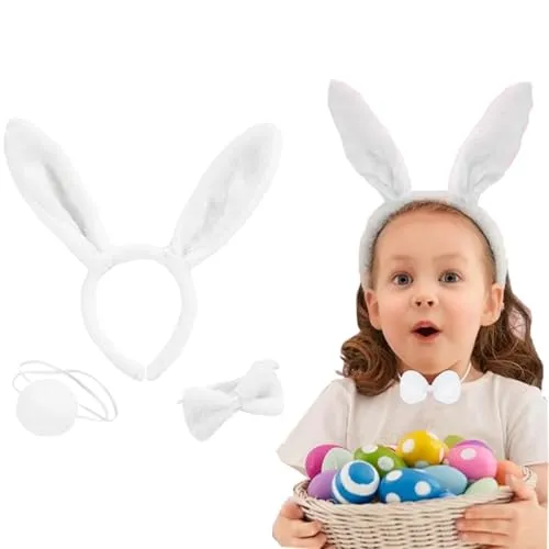 LHKJ Bunny Ohren Haarreif, Bunny Kostüm Frauen mit Ohren, Fliegen, Schwanz, Hasen Cosplay Hasenohren Haarreif, Kaninchen Cosplay Set für Kinder Erwachsene Karneval Party Weihnachten Weiß