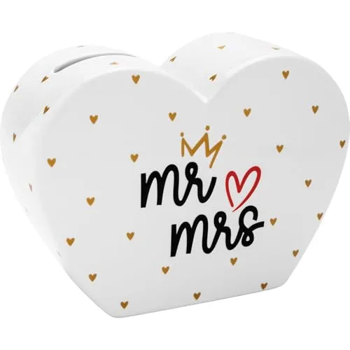 Gruss & CO Spardose Motiv Mr. & Mrs. | Figürliche 3D Spardose, Porzellan, Herzform, 14 cm x 5,3 cm x 10,5 cm | Hochzeitsgeschenk, Geldgeschenk Hochzeit | 73869