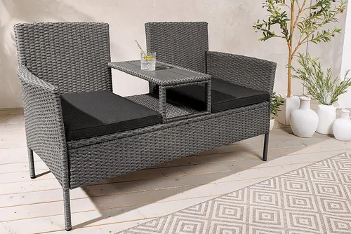 Riess-Ambiente Gartenbank PORTOFINO 140cm grau - Sitzbank aus wetterfestem Polyrattan, mit integriertem Tisch für Getränke und Snacks – ideal für Garten, Terrasse oder Balkon.