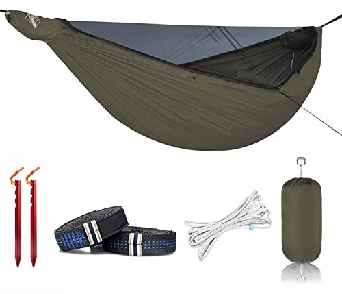Onewind 12‘ Camping Hängematte mit Moskitonetz Portable leichte doppelte Hängematte 40D Durable Ripstop Nylon mit Reißverschluss Bugnet Ridgeline Tree Strap Camping, Wandern, Backpacking 335cm