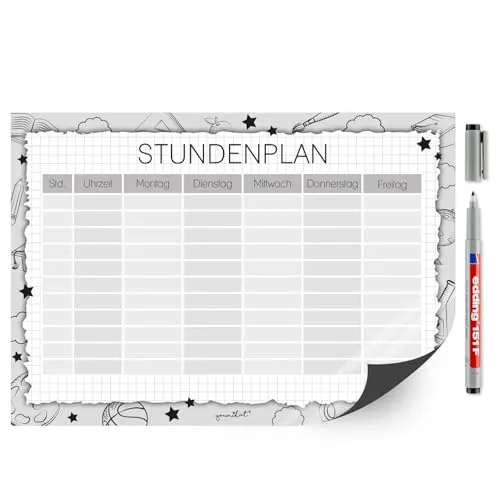 younikat Stundenplan magnetisch im schwarz/weiß Design I DIN A4 I zum Schulanfang I abwischbar I wiederbeschreibbar I Geschenk Einschulung I dv1452