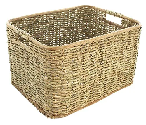 Mittelgroßer Rattan- und Schilfstroh Aufbewahrungskorb 40x30x23 cm - Regalkorb aus nachhaltigen Materialien, handgefertigt und vielseitig einsetzbar für jeden Raum – ideal zum Organisieren und Transportieren.