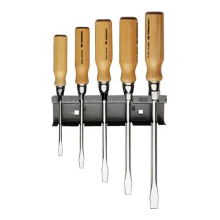 FACOM Schraubendreher Set mit Holzgriff, 5-teilig - Schraubendreher-Sets mit 6-kantigem Betätigungssechskant und Schlitzabtrieben, ideal für präzises Arbeiten und mit praktischem Wandhalter.
