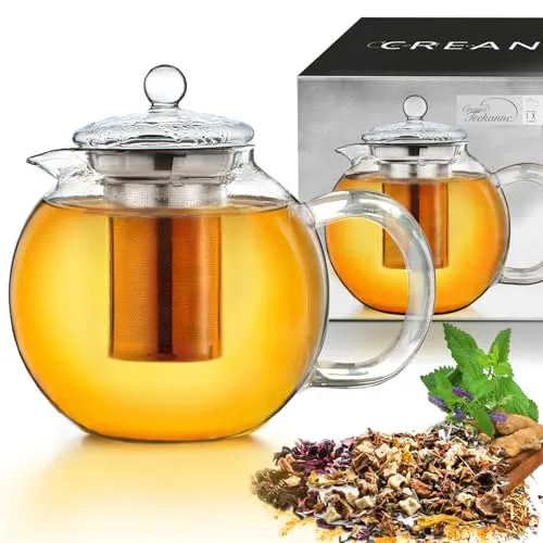Creano Teekanne aus Glas 1,7l - Teekocher aus hitzebeständigem Borosilikatglas mit integriertem Edelstahl Sieb, 100% tropffrei für perfekten Tee-Genuss ohne Schwebstoffe.