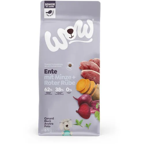 Wow Dog Trocken Senior Ente 6kg - Hundefutter für Senioren, reich an Frischfleisch und ohne Getreide - Ideal für Hunde ab 10 Jahren, unterstützt ein gesundes Leben mit Vitaminen und Omega-Fettsäuren - 100% in Österreich hergestellt.
