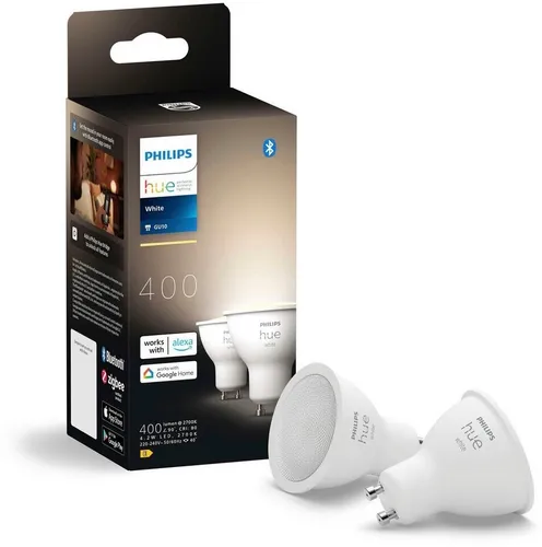 Philips Hue White GU10 LED Spot 2er Pack - Smart-Leuchtmittel mit 400 lm, dimmbar und farbwechselbar, ideal für individuelle Raumgestaltung und Smart Home Steuerung.