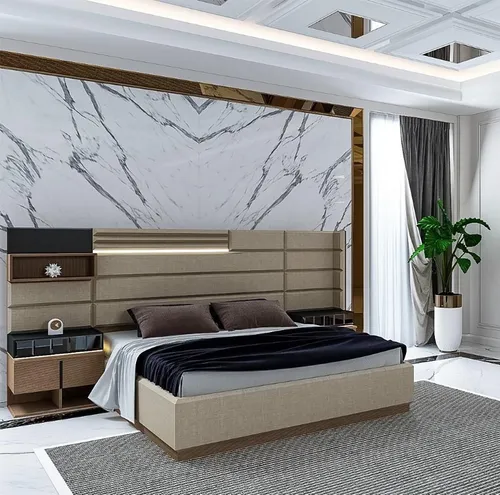 Elegantes Schlafzimmer-Set in Beige mit LED-Beleuchtung - Stilvolles 3-teiliges Set für Erwachsene, bestehend aus einem modernen Polsterbett und zwei Design-Nachttischen. Ideal für ein gemütliches Schlafzimmer, Maße Bett: 208,4 x 189,6 x 140 cm, Nachttische: 65 x 140 x 42,1 cm.