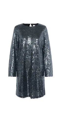 Kaffe Kleid in Blau - XXL mit Pailletten - Elegantes A-Form Kleid in Blau mit Rundhals-Ausschnitt und Knopfverschluss am Rücken. Ideal für besondere Anlässe, verleiht einen stilvollen Look durch die funkelnden Pailletten.