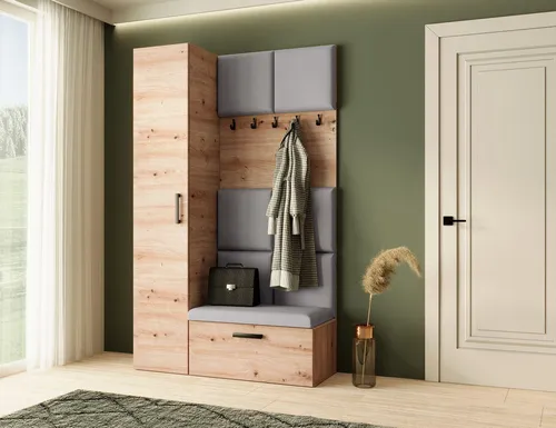 Garderobenschrank MARGARET I+IV – Eiche Artisan + Grau mit gepolsterten Paneelen