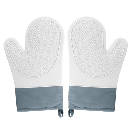 Ofenhandschuhe,2PCS Topflappen Silikon, Backofen Handschuhe eine Anti- Rutsch Oberfläche,die Innenseite ist aus Baumwolle, Handschuhe der Küche,Oven Mitts,Grau