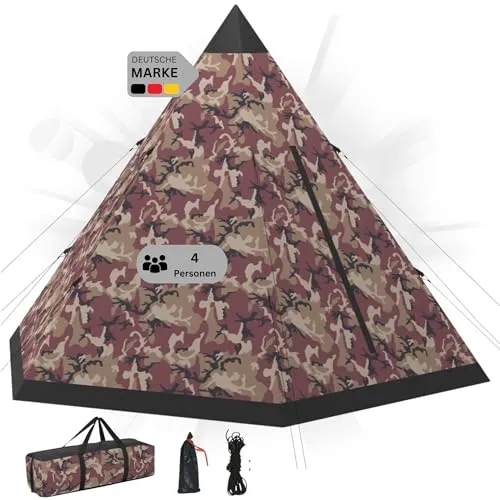 DELUKE® Campingzelt 4 Personen Tipi Camouflage | atmungsaktiv | Tipi Pyramidenzelt Familienzelt für 4 Personen Gruppenzelt Zelt Camping Zelt Outdoor Zelten
