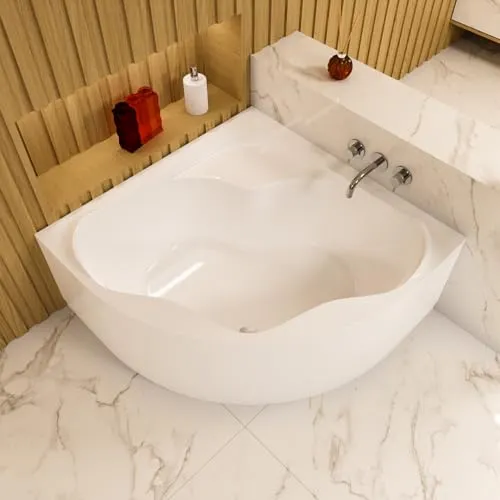 ECOLAM® Badewanne Eckwanne Eckbadewanne Acrylwanne SELMA 140 x 140 cm + Acrylschürze Verkleidung symmetrisch Acryl weiß Ablaufgarnitur Ab- und Überlauf Automatik Füße Silikon