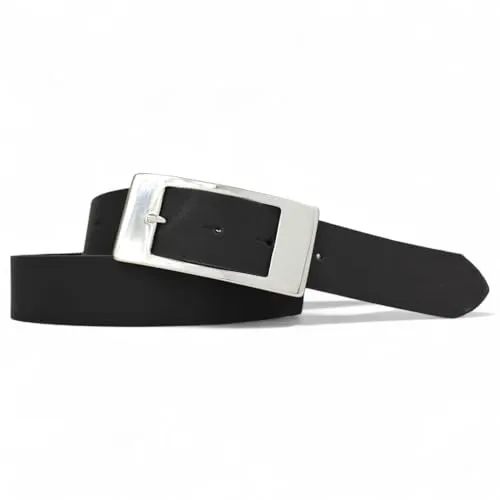 FRONHOFER Damengürtel echtes Rindsleder ca. 3,5 cm breit, rechteckige Dornschnalle 9 x 4,5 cm (Zamak leicht glänzend), extra flach geschnitten, wechselbar per Druckknopf, für Jeans und Taille