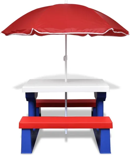 vidaXL Kinder-Picknicktisch mit Bänken & Sonnenschirm – Mehrfarbig - Gartenmöbel-Set für Kinder, ideal für Picknicks im Freien mit praktischem Sonnenschirm für optimalen Schatten und Sicherheit.