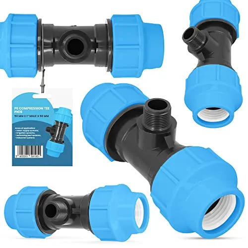 PE-Rohr T-Stück PN16 (50 mm x 1'' AG x 50 mm) Fitting Verbinder Wasserrohr Bewässerungssystem Dauerhaftes Verbindungsstück für Wasser Bewässerungssysteme Versorgungsleitung Pipeline Sprinklersystem