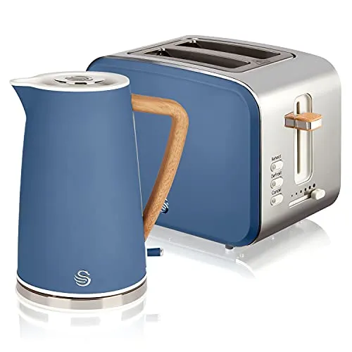 Kabelloser Frühstückskocher Set, 1,7L Toaster Breitschlitz 2 Nordic Blau - Toaster mit 2200W Leistung aus Edelstahl, ideal für ein schnelles und perfektes Frühstückserlebnis.
