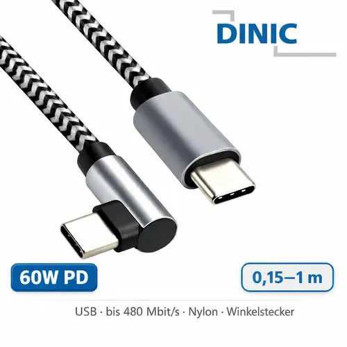 USB C Kabel 90° gewinkelt 60W PD DINIC Nylon Ladekabel USB-C auf C 0,15–1m grau