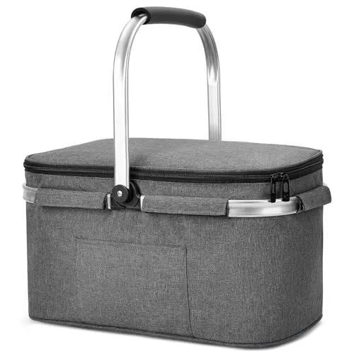 ALLCAMP Groß Faltbar Isoliert Kühltasche - Einkaufskorb Thermo Mit Deckel, Abnehmbarer Picknickkorb 2 Personen, Aluminiumrahmen Kühlkorb, Verdicken Thermokorb - Mit 2 Kühlakkus