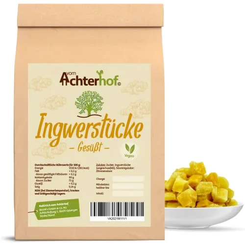 Ingwerstücke kandiert 1000g | getrockneter Ingwer | gesüßt und ungeschwefelt | Trockenobst | scharf und vitalisierend erfrischend | vom Achterhof