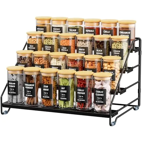 Gucass 4 Etagen Gewürzregal Stehend, Gewürzständer Metall Einstellbar Ohne Bohren, Gewürzregale für die Küche, Schrank und Arbeitsplatte, Spice Rack Organizer (Schwarz)