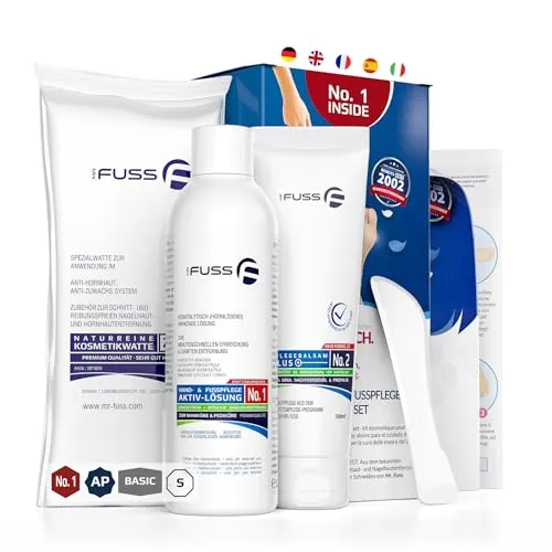 Mr. Fuss® No. 1 - Advanced Pack Basic - Klein, Nagelhaut- Hornhautentferner Sparpaket 4 tlg. Aktiv-Lösung Schnell & Stark erweichend - 200 ml, Balsam No. 2-100 ml, Watte, Schaber