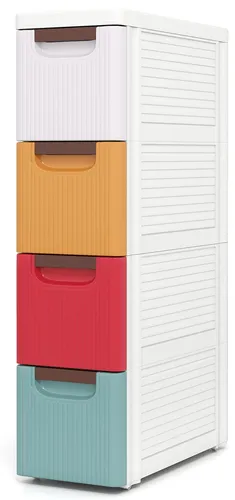 COSTWAY Nischenschrank schmal mit Rollen – Praktischer Küchenwagen mit 4 Schubladen - Schmaler Nischenschrank mit 4 Schubladen für optimale Aufbewahrung. Ideal für enge Räume wie Bad, Küche oder Büro. Dank Rollen mobil und flexibel einsetzbar, einfach aufzubauen und aus hochwertigem Material gefertigt.