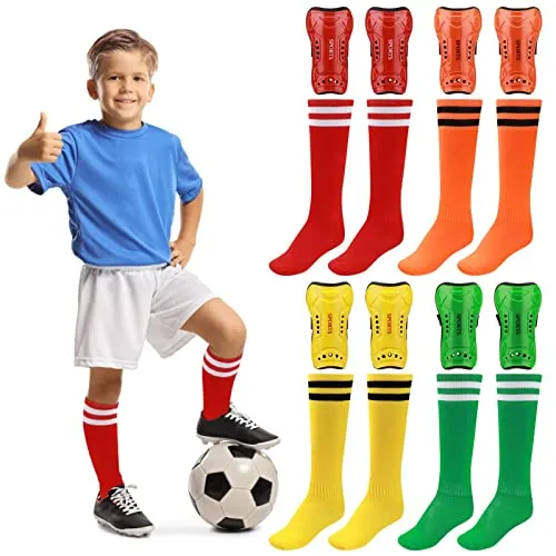 Fußball-Schienbeinschoner für Kinder mit Langen Socken, 4 Paar Fußballausrüstung für 7-12 Jahre alte Jungen und Mädchen