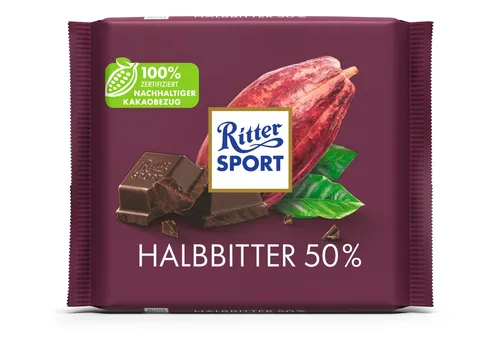 Ritter Sport Halbbitter 100g - Feine Schokolade mit hohem Kakaoanteil, perfekt für Schokoladenliebhaber, die einen intensiven Geschmack schätzen.