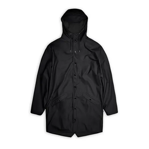 RAINS Unisex Lange wasserdichte Jacke, 01 Schwarz, L - Regenjacke in minimalistischer Silhouette, aus PU-Gewebe mit ultraschallverschweißten Nähten für maximalen Schutz und eleganten Fall.