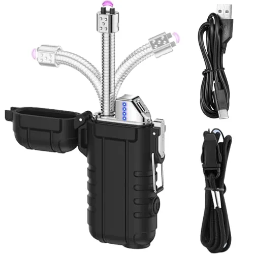 Lichtbogen Stabfeuerzeug USB Aufladbar, Elektro Feuerzeug Lang Elektrisch mit Licht & Notfall-Pfeife, Tragbare Wasserdicht Winddichte Flammenlose für Yankee Kerzen, Grill, Herd, Camping, Kamin