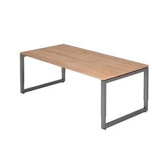 Hammerbacher Schreibtisch R-Serie nussbaum/graphit, höhenverstellbar - Kinderschreibtisch mit schwebender Tischplatte, stabilen Kufengestell und manuell höhenverstellbar für ergonomisches Arbeiten und Spielen.