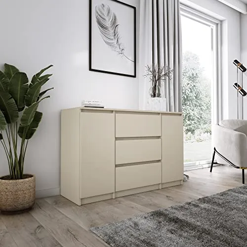 3E 3xE living.com Kommode mit 2 Türen und 3 Schubladen - Kommode in Beige, bietet geräumigen Stauraum und sanft herausziehbare Schubladen – ideal für jeden Raum, von Schlafzimmer bis Büro.