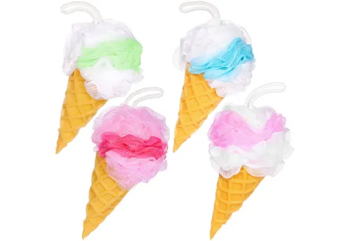 BRUBAKER Duschschwamm Badeschwamm Set Eis Waffel - 45 g Badeknäuel für Kinder und Erwachsene, 4-tlg., Körperreinigungsschwamm - Peeling Schwamm - Waffeleis Waschschwamm
