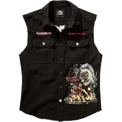 Brandit Iron Maiden Vintage NOTB Weste - Schwarz/Rot/Gelb - 5XL - Herren-Westen mit coolem Vintage-Design, auffälligem Iron Maiden 'The Number of the Beast' Aufdruck und praktischen Brusttaschen für einen rockigen Look.