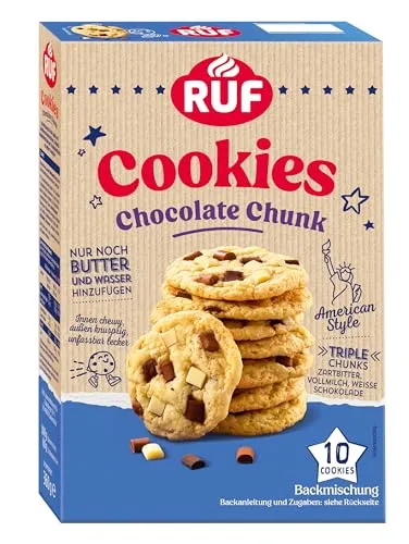 RUF Chocolate Chunk Cookies, Backmischung für helle Kekse im American Style mit triple Schoko-Stückchen, innen chewy, außen knusprig, 10 Cookies, 360 g