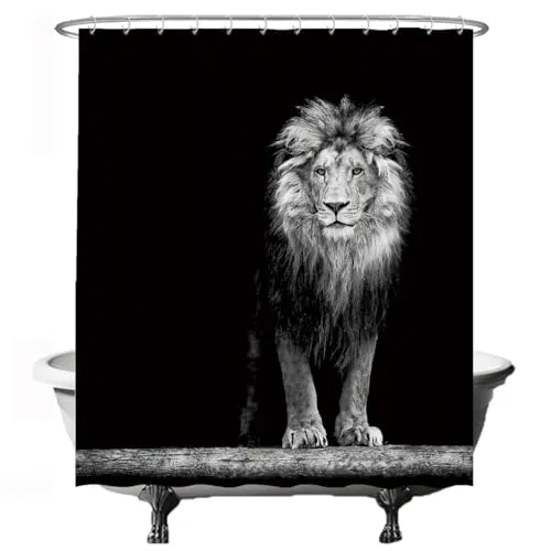 Ulticool Duschvorhang - Löwe Kopf Natur Tiere - 180 x 200 cm - Waschbar - Anti Schimmel - mit 12 Ringen - Schwarz Weiß Grau
