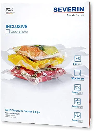 SEVERIN Vakuumbeutel, bis zu 8x länger anhaltender Frische beim Tiefkühlen ohne Gefrierbrand, mit mind. 30 cm Schweißbreite, Nachhaltig, transparent, passend zu Vakuumierer 3601,3610, 3628 ZB 3615