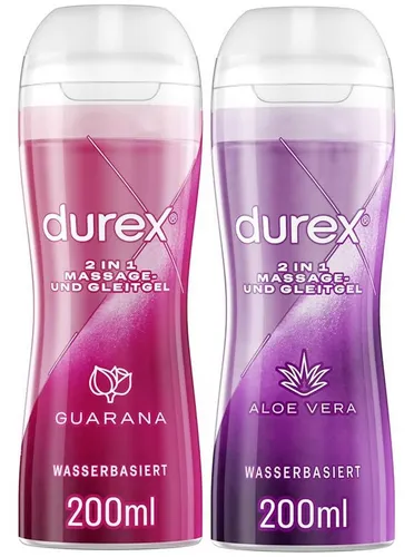durex Gleitgel Play 2in1 Guarana & Aloe Vera 400ml - Gleitgel und Massage-Set für sinnliche Liebesmassagen, mit erfrischendem Aroma von Aloe Vera & Guarana, wasserbasiert für angenehme Anwendung.