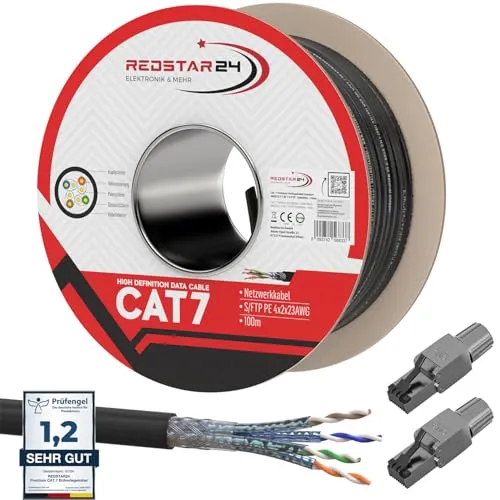 100m Cat7 Erdkabel Verlegekabel + 2x RJ45 Stecker Werkzeuglos CAT 8 Outdoor Lan Kabel Installationskabel CAT 7 Ethernet Netzwerk 1000MHz Datenkabel AWG23/1 Netzwerkkabel für Außenbereich UV-beständig