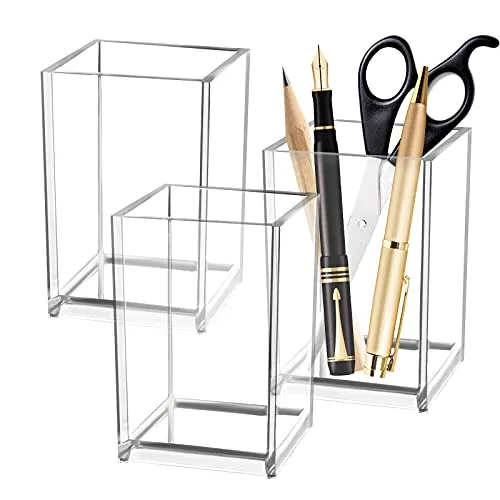 LiangDian Acryl Stifteköcher 3 Stück Klarer Pinselhalter Stifte Organizer Becher Dekorativer Make Up Pinselhalter Quadratischer Stiftehalter Stifteständer für Schminke Stifte Schreibwaren