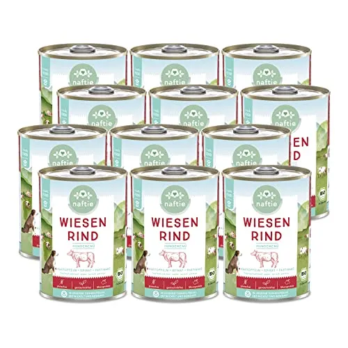 naftie Bio Hundefutter Wiesen Rind - Premium Nassfutter Menü mit Rindfleisch & Kartoffeln - getreidefrei glutenfrei - purinarm - 12x 400g Dosen
